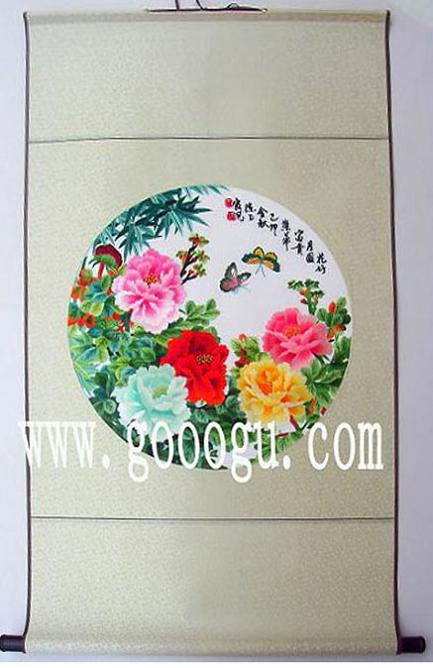 圓形牡丹刺繡畫，傳統(tǒng)天地桿蘇繡畫禮品