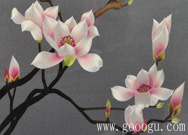 玉蘭花特寫(xiě)、一絲的絲線精繡而成、光澤度好，仿佛能聞到花香！