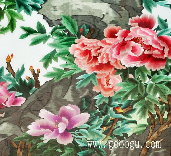 精品國(guó)色天香牡丹圖細(xì)節(jié)圖片！繡工精細(xì)、圖案顏色過(guò)渡均勻！