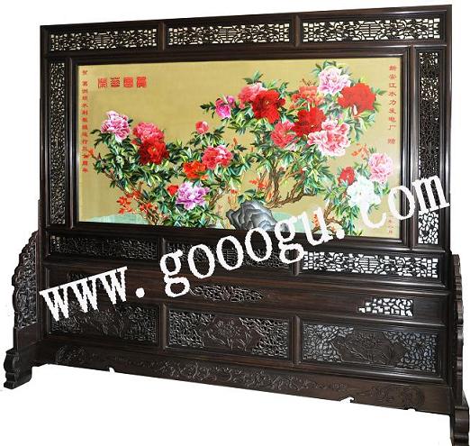 葛洲壩水利工程大廳屏風(fēng)：蘇繡屏風(fēng)，嬌古蘇繡，榮華富貴屏風(fēng)
